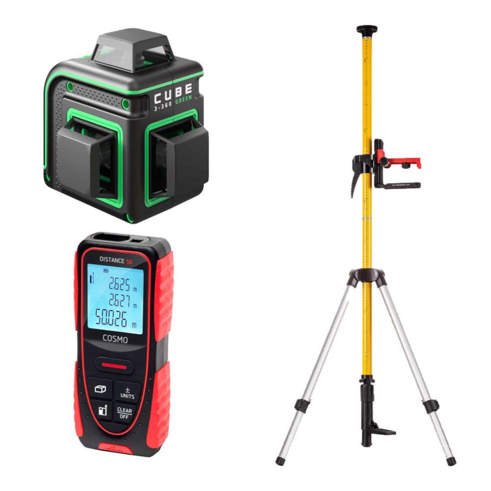 Лазерный уровень ADA CUBE 3-360 GREEN Basic Edition + Лазерный дальномер ADA Cosmo 50 + Штатив-штанга ADA SILVER PLUS