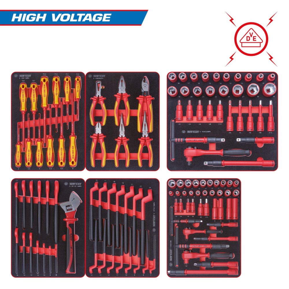 Набор инструментов "HIGH VOLTAGE" для тележки, 6 ложементов, 117 предметов KING TONY 932-117VEMRVD