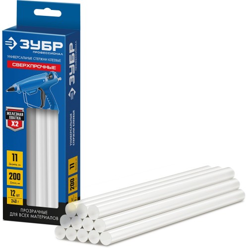 ЗУБР 11 х 200 мм, 12 шт, сверхпрочные прозрачные клеевые стержни, Профессионал (06856-12)