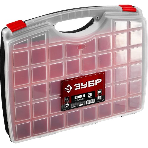 ЗУБР ВОЛГА-20, 425 х 330 х 60 мм, пластиковый органайзер с 20 съемными лотками (38034-20)
