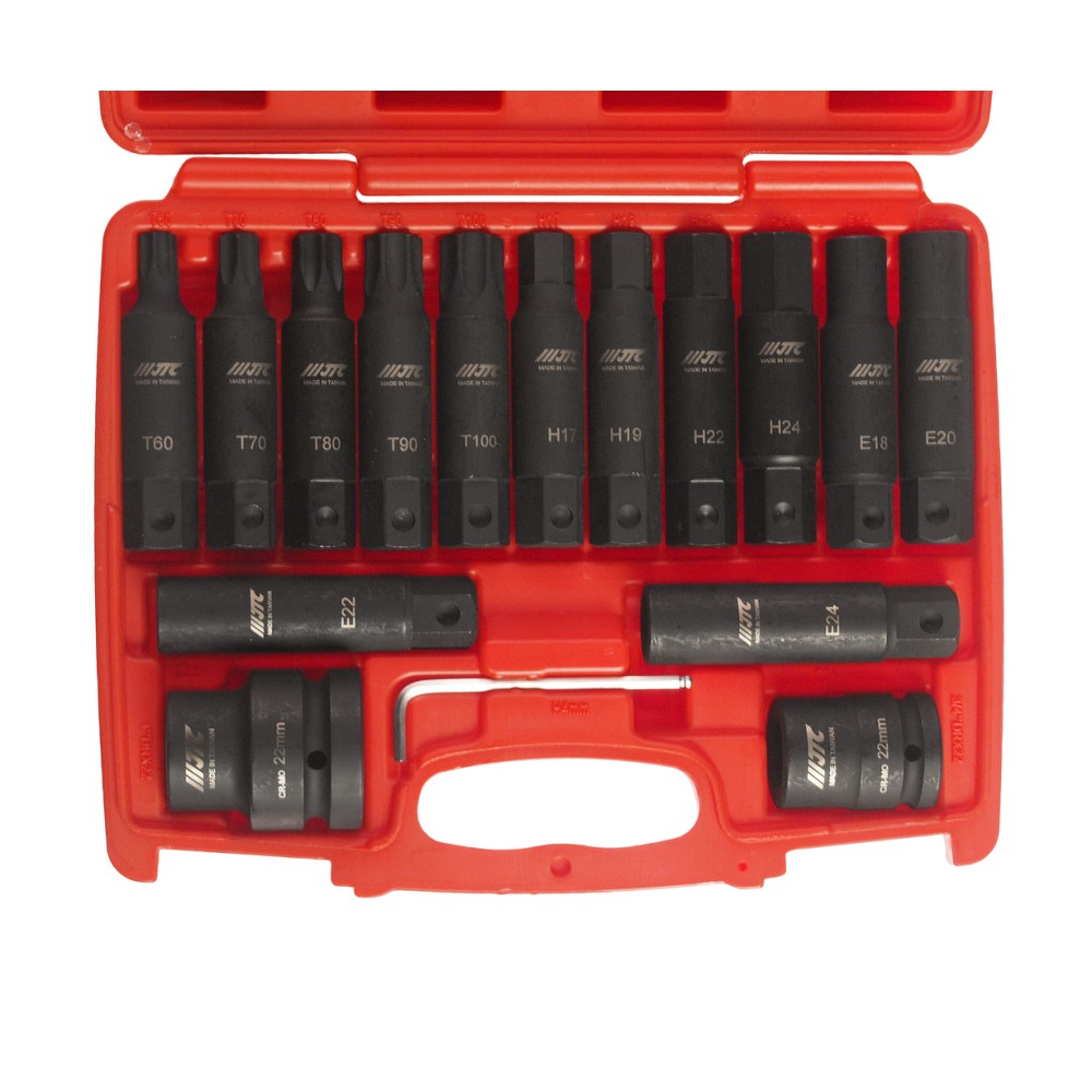 Набор бит 3/4" SPLINE Е18-24, TORX Т60-100, HEX Н17-24 ударных с держат. 3/4", 1" 107мм 16 пр. JTC