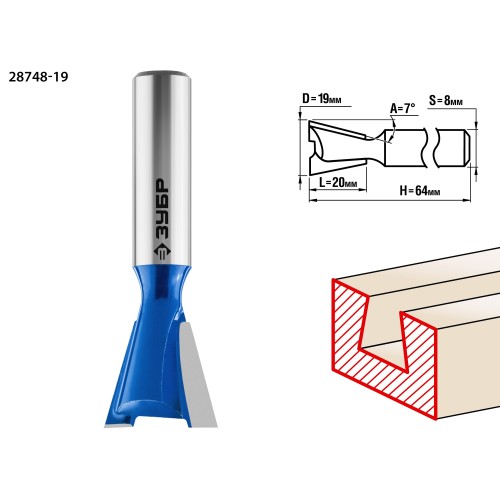 ЗУБР 19 x 20 мм, угол 7°, фреза пазовая фасонная _Ласточкин Хвост_, Профессионал (28748-19)