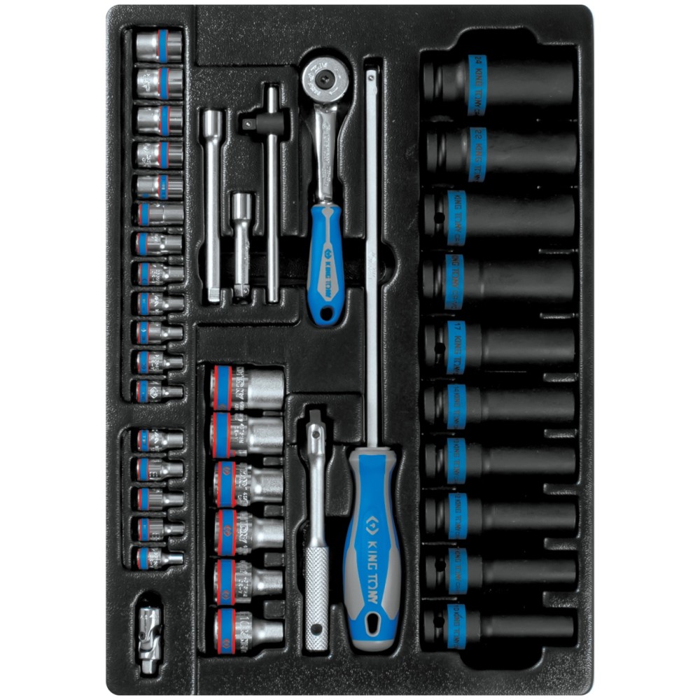 Набор ударных головок 1/2" и торцевых головок 1/4" с принадлежностями, ложемент, 40 предметов KING T