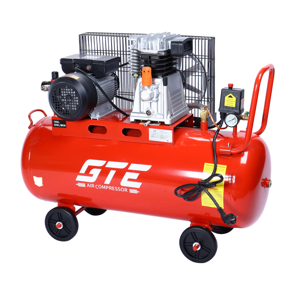 Компрессор пневматический 220В 3.0кВт 8атм. 300л/мин. ресивер-100л ременной одноступенчатый GTE