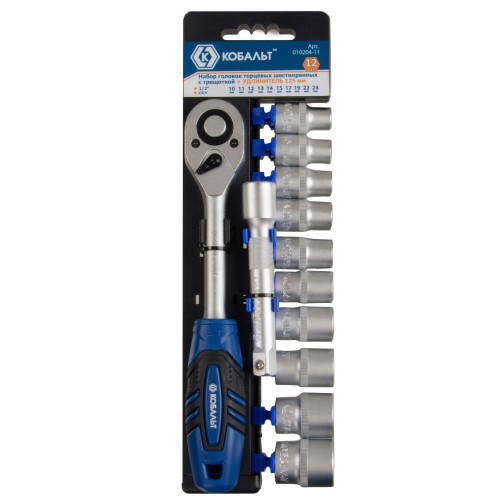 Набор головок торцевых Кобальт с трещоткой 1/2" 10-24мм Cr-V 12шт