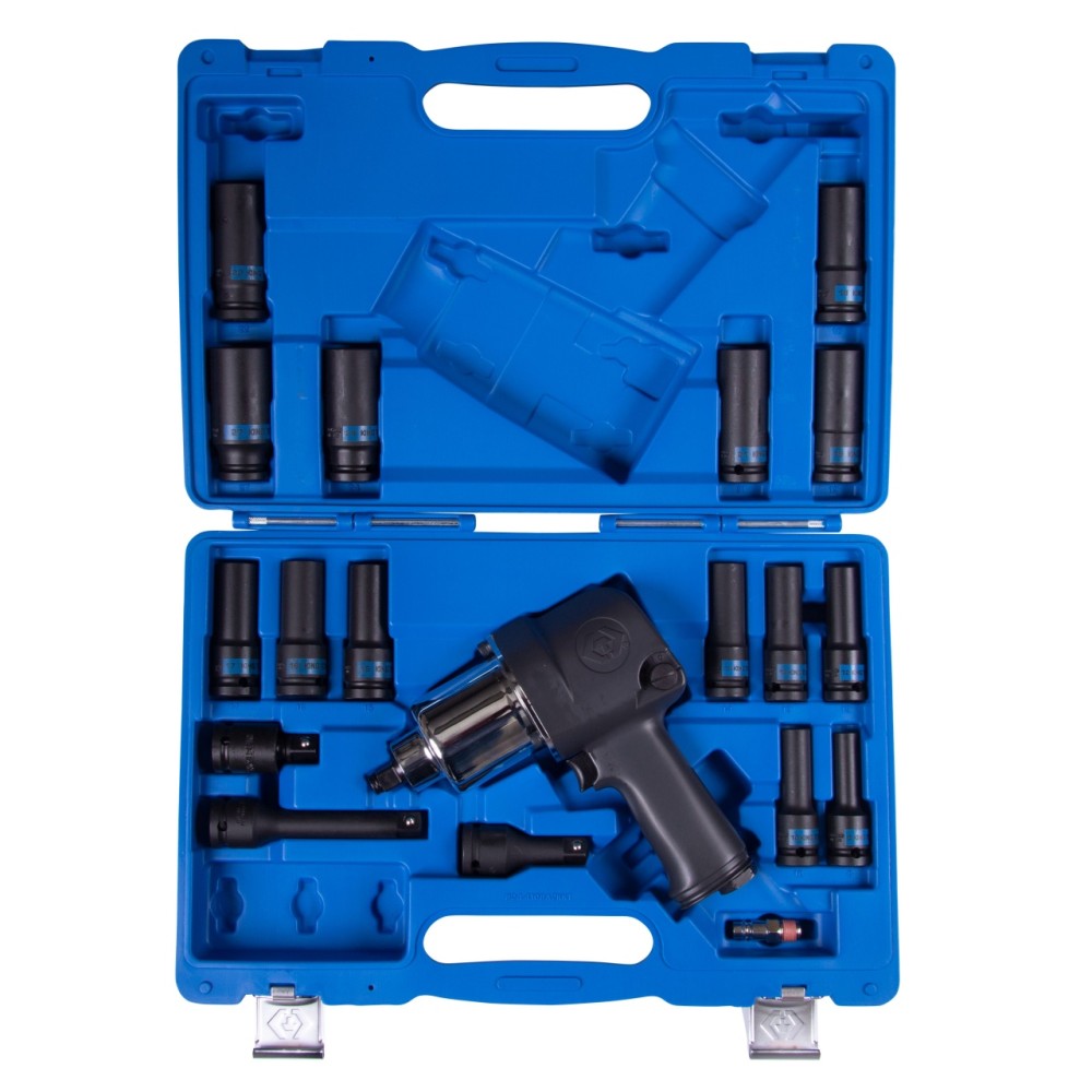 Гайковерт пневматический ударный 1/2", 881 Нм, с комплектом головок, 19 предметов KING TONY 44108AMP