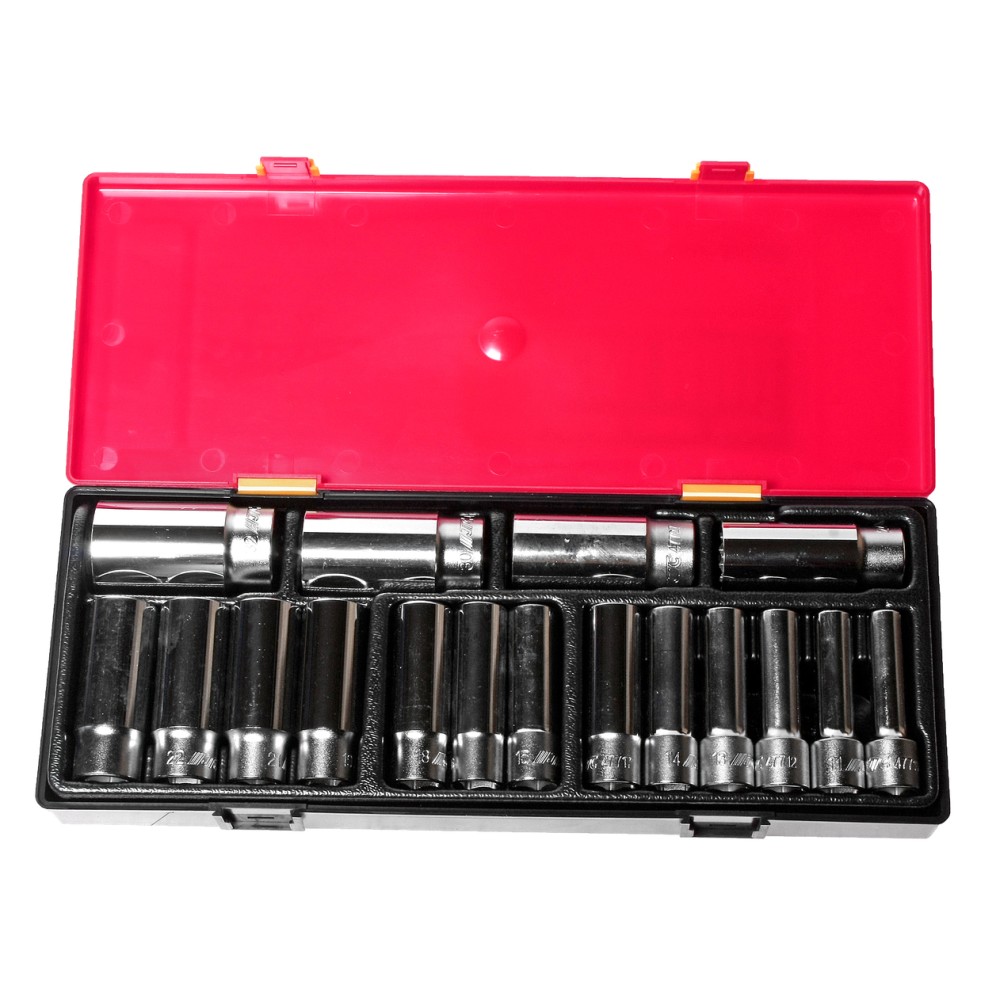 Набор головок торцевых 1/2" 12-ти гранных 10-32мм глубоких 17 предметов в кейсе JTC