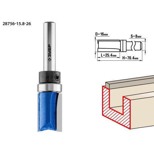 ЗУБР 15.8 x 25.4 мм, хвостовик 8 мм, фреза пазовая прямая с верхним подшипником, Профессионал (28756-15.8-26)
