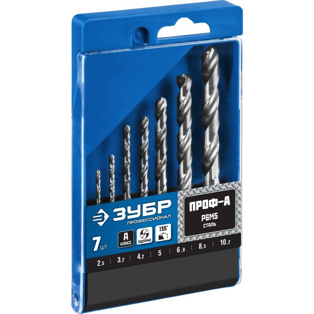Набор сверл по металлу ЗУБР ПРОФ-А 2.5-10.2 мм 7 шт (29625-H7R)